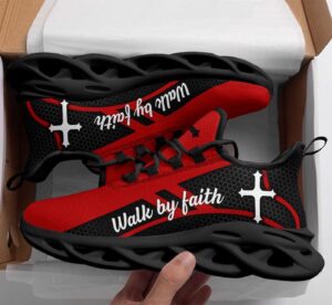 Jesus Walk By Faith Running Sneakers - Red Christ Black Max Soul Shoes for Men and Women - Jesus Fashion Shoes 1