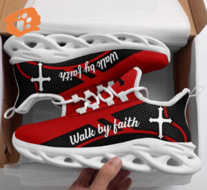 Jesus Walk By Faith Running Sneakers - Red Christ Black Max Soul Shoes for Men and Women - Jesus Fashion Shoes