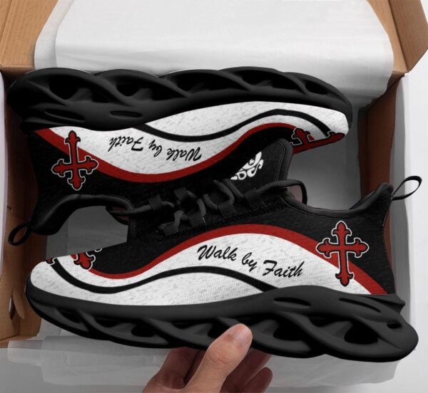 Jesus Walk By Faith Running Sneakers – White & Black Max Soul Shoes for Men & Women – Christian Fashion Shoes