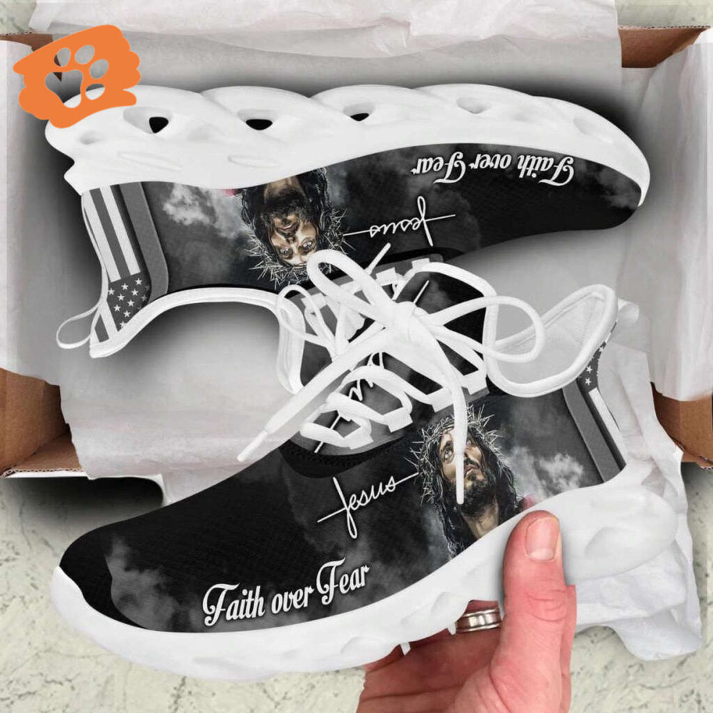 Faith Over Fear: Christian White & Black Jesus Running Sneakers for Men & Women Faith Over Fear: Christian White & Black Jesus Running Sneakers for Men & Women