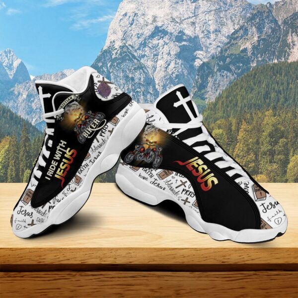 Christian Biker I Ride With Jesus Basketball Shoes, Walk By Faith Running Shoes, Jesus Faith Pray Cross Motorcycle Shoe