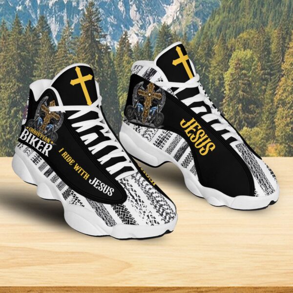Christian Biker I Ride With Jesus Motorcycle Basketball Shoes, Jesus Cross Motorcycle Footwear