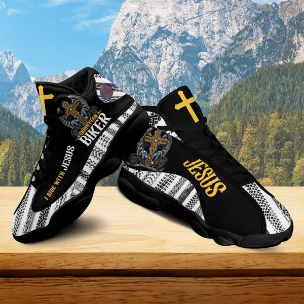 Christian Biker I Ride With Jesus Motorcycle Basketball Shoes, Jesus Cross Motorcycle Footwear