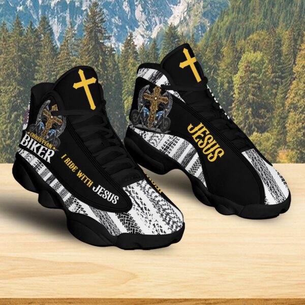 Christian Biker I Ride With Jesus Motorcycle Basketball Shoes, Jesus Cross Motorcycle Footwear