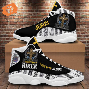 Christian Biker I Ride With Jesus Motorcycle Basketball Shoes, Jesus Cross Motorcycle Footwear