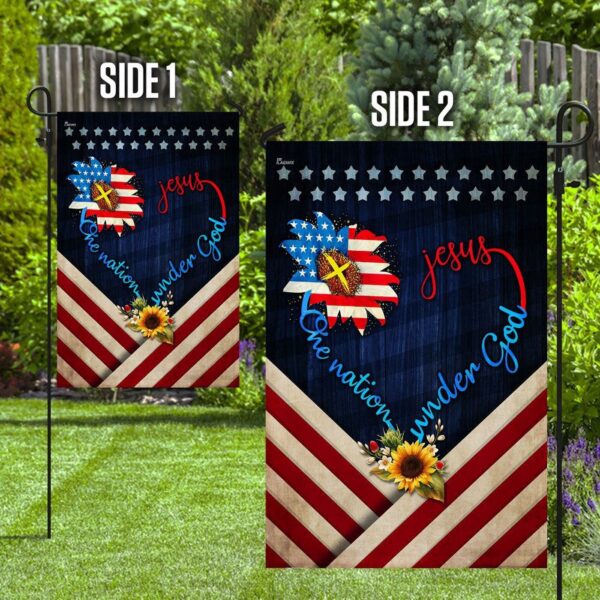 Christian Garden Flags: Jesus One Nation Under God Sunflower Flag Cross & Faith Designs