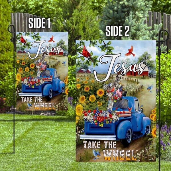 Christian Garden Flags – Jesus Take The Wheel American Truck Farm Flag Cross & Faith Decor