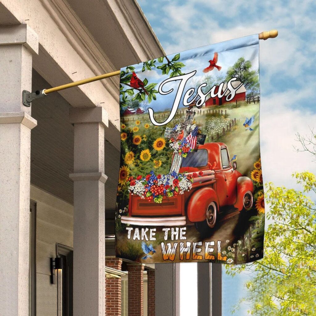 Christian Garden Flags: Jesus Take The Wheel Cross Truck Farm Flag Christian House & Faith Flags Christian Garden Flags: Jesus Take The Wheel Cross Truck Farm Flag Christian House & Faith Flags