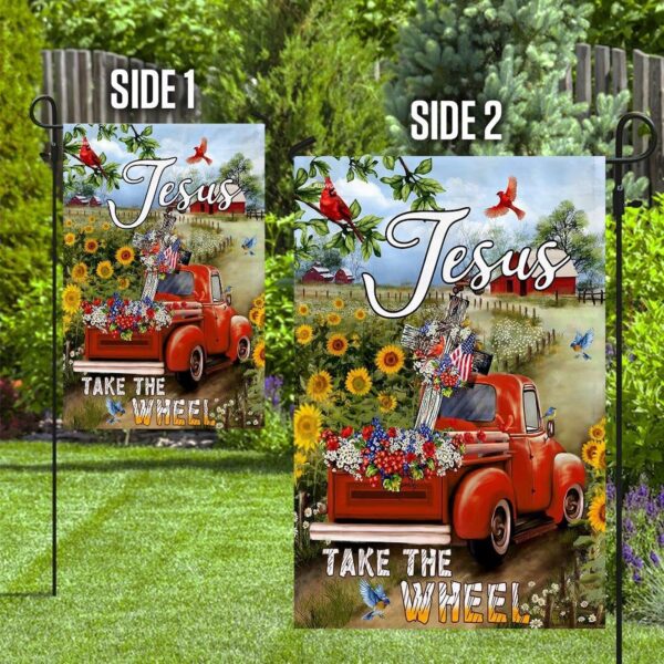 Christian Garden Flags: Jesus Take The Wheel Cross Truck Farm Flag Christian House & Faith Flags