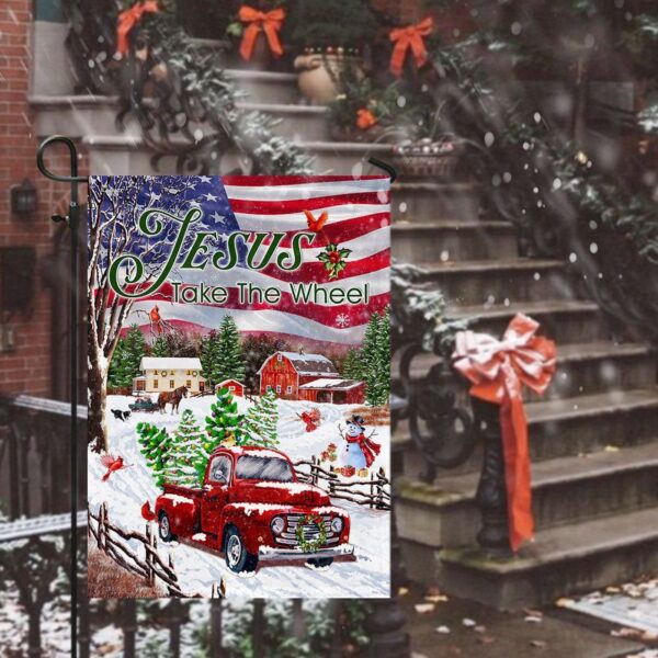 Christian Garden Flags: Jesus Take The Wheel Christmas Truck Flag Christian House & Cross Faith Flag
