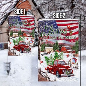 Christian Garden Flags: Jesus Take The Wheel Christmas Truck Flag Christian House & Cross Faith Flag 3
