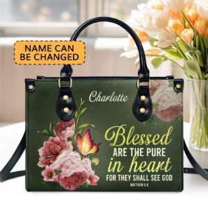 Personalized Peony Leather Handbag for Women Matthew 5:8 Christian Gift