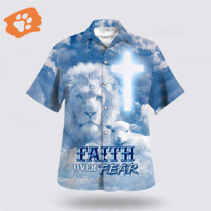 Faith Over Fear Jesus Lion Lamb Hawaiian Shirt - Christian Aloha Shirt