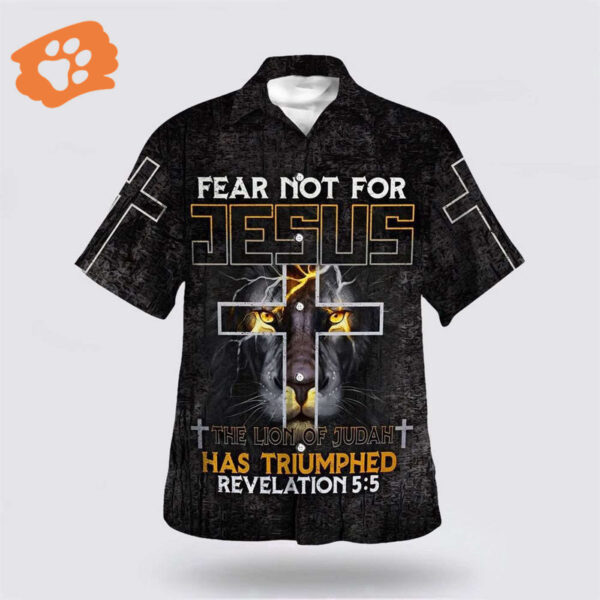 Christian Hawaiian Shirt: Fear Not Jesus Lion of Judah Triumphed Revelation Cross Aloha
