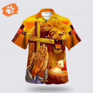 Faith Over Fear: Christian Lion Cross Aloha Shirt for Men & Women