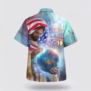 Christian Aloha Shirt - One Nation Under God Hawaiian Shirt with Jesus Holding Earth Design 1