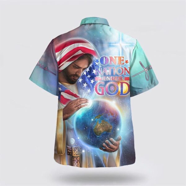 Christian Aloha Shirt – One Nation Under God Hawaiian Shirt with Jesus Holding Earth Design