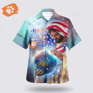 Christian Aloha Shirt - One Nation Under God Hawaiian Shirt with Jesus Holding Earth Design