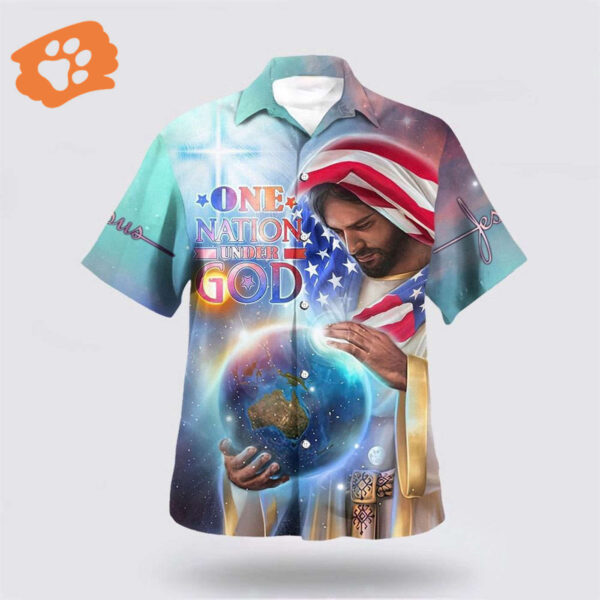 Christian Aloha Shirt – One Nation Under God Hawaiian Shirt with Jesus Holding Earth Design