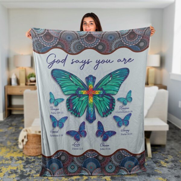 God Says You Are Unique: Christian Faith Jesus Inspirational Butterfly Cross Throw Blanket