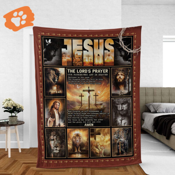 Christian Throw Blanket – Faith & Jesus Painting – Inspirational Gift – Lion of Judah & Lord s Prayer