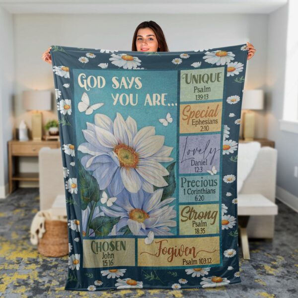 Christian Inspirational Throw Blanket – White Flower & Butterfly God Says You Are