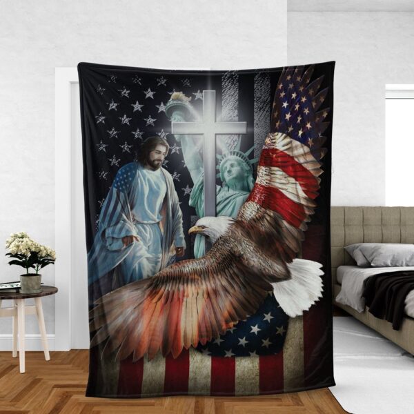Blessed By Jesus Christ: Christian Throw Blanket with US Flag – Independence Day Gift