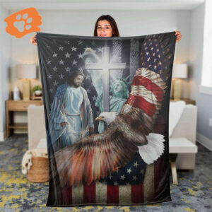 Blessed By Jesus Christ: Christian Throw Blanket with US Flag - Independence Day Gift