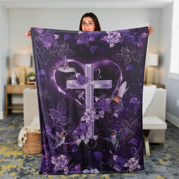 Christian Throw Blanket with Jesus Faith & Inspirational Design – Purple Roses & Hummingbird Motif The Holy Cross Gift