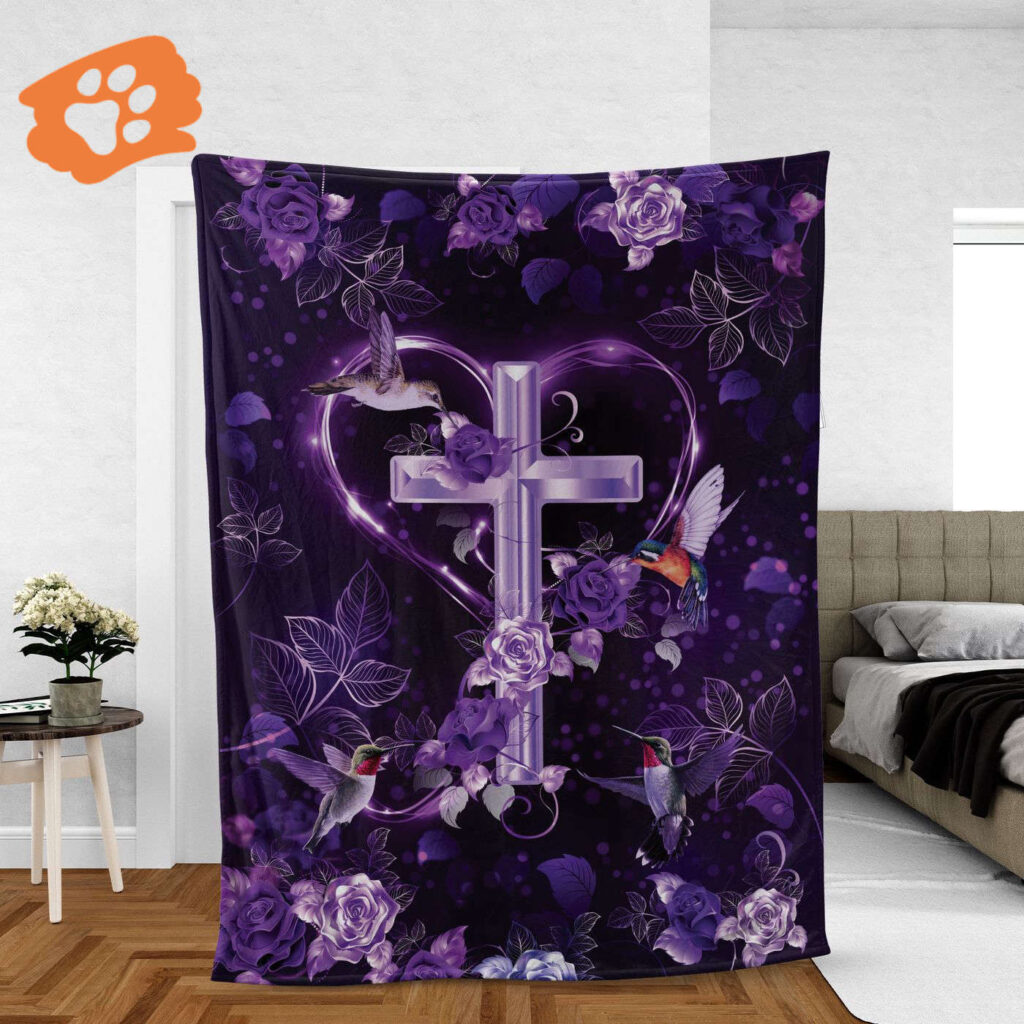 Christian Throw Blanket with Jesus Faith & Inspirational Design – Purple Roses & Hummingbird Motif The Holy Cross Gift Christian Throw Blanket with Jesus Faith & Inspirational Design – Purple Roses & Hummingbird Motif The Holy Cross Gift