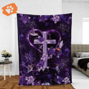 Christian Throw Blanket with Jesus Faith & Inspirational Design - Purple Roses & Hummingbird Motif The Holy Cross Gift