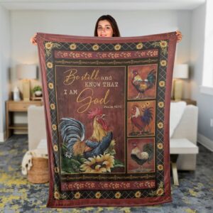 Christian Throw Blanket - Jesus Faith Inspirational Gift - Rooster Sunflower - Be Still And Know That I Am God 1
