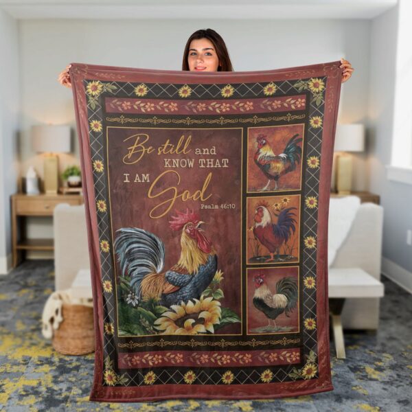 Christian Throw Blanket – Jesus Faith Inspirational Gift – Rooster Sunflower – Be Still And Know That I Am God