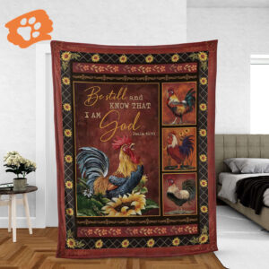 Christian Throw Blanket - Jesus Faith Inspirational Gift - Rooster Sunflower - Be Still And Know That I Am God