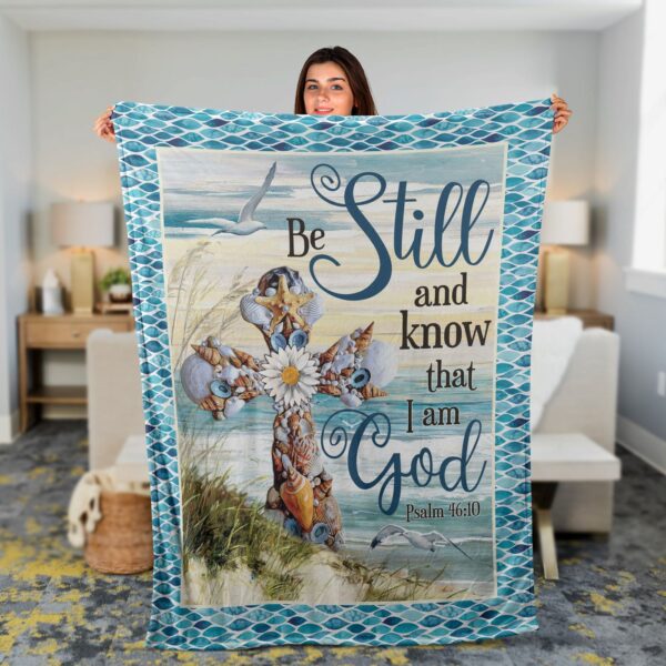 Christian Throw Blanket – Jesus Faith Inspirational Seashells Cross Gift – Be Still And Know That I Am God
