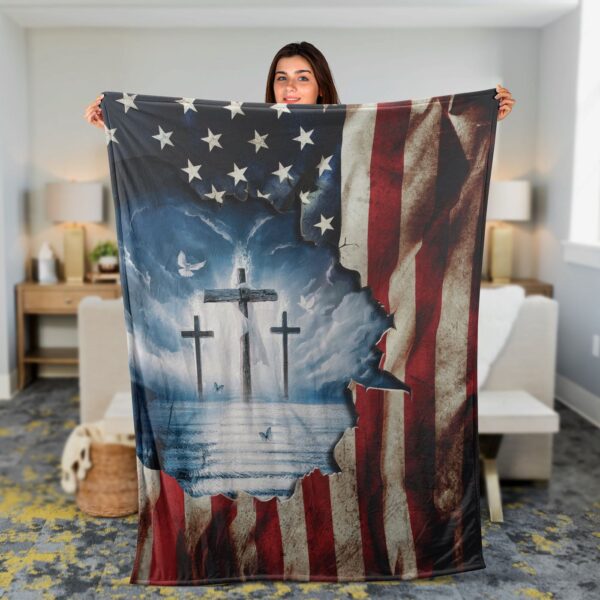 Christian Throw Blanket with Jesus & US Flag Design – The Old Rugged Cross & Ocean Painting Inspirational Gift