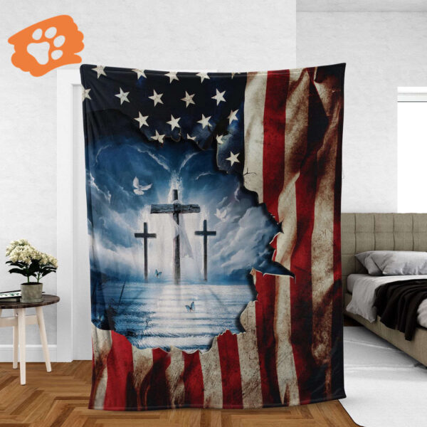 Christian Throw Blanket with Jesus & US Flag Design – The Old Rugged Cross & Ocean Painting Inspirational Gift