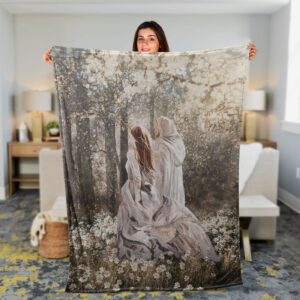 Christian Throw Blanket - Walking With Jesus Inspirational Gift Beautiful Girl Painting in Forest 1