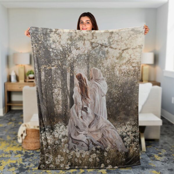 Christian Throw Blanket – Walking With Jesus Inspirational Gift Beautiful Girl Painting in Forest