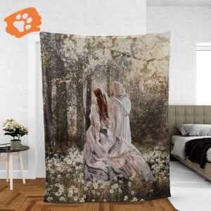 Christian Throw Blanket - Walking With Jesus Inspirational Gift Beautiful Girl Painting in Forest