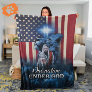 Christian Lion and Jesus Throw Blanket - Faith God s Hand US Flag - One Nation Under God