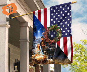 Christmas Wreath Jesus Borned With USA Flag Outdoor Religious Flag Outdoor Christmas Decor