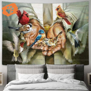Colorful Bird Tapestry Collection - Eastern Bluebird Hummingbird Cardinal - Walking With Jesus - Tapestries for Living Room Bedroom