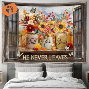Colorful Flower & Pumpkin Painting Fall For Jesus Tapestry for Living Room Bedroom