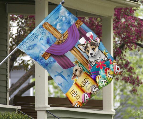 Corgi Cross He Is Risen Bunny Easter Flag Jesus Easter Christian Indoor Outdoor Hanging