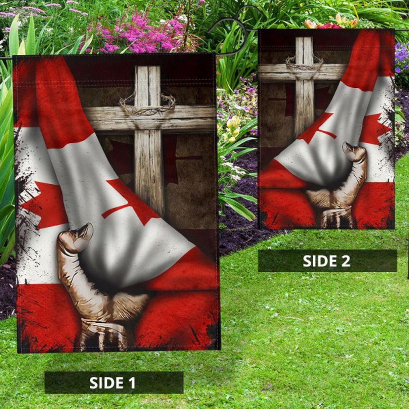 Cross Behind Canadian Flag God Jesus Christ Vintage Flag Patriotic Outdoor Decor