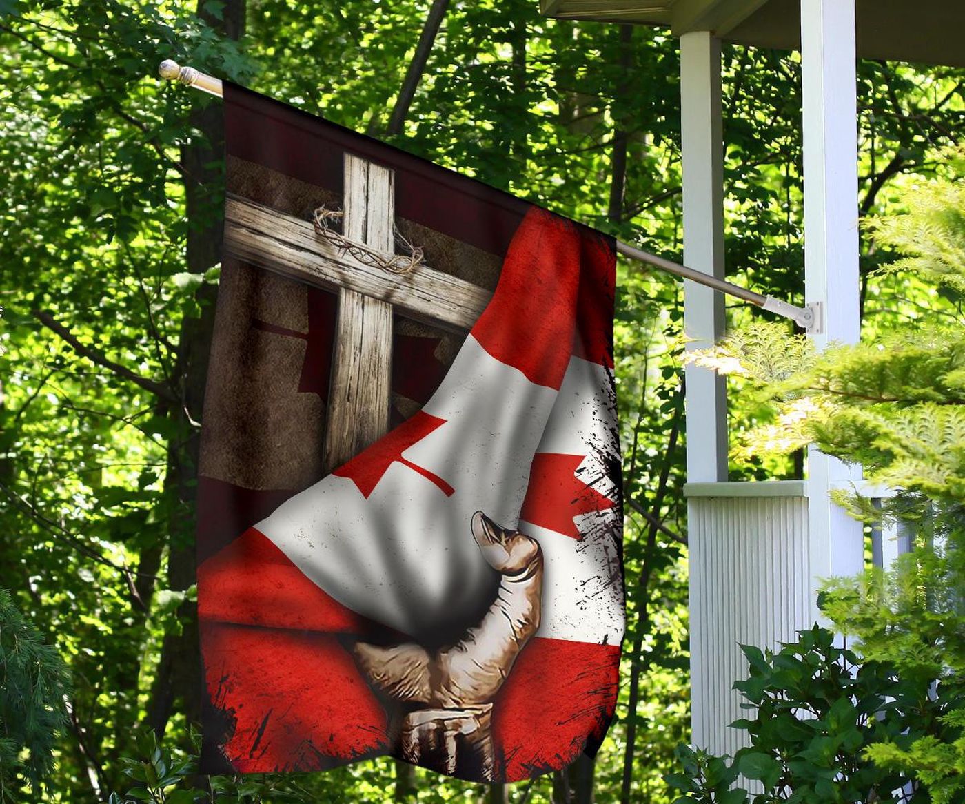 Cross Behind Canadian Flag God Jesus Christ Vintage Flag Patriotic Outdoor Decor