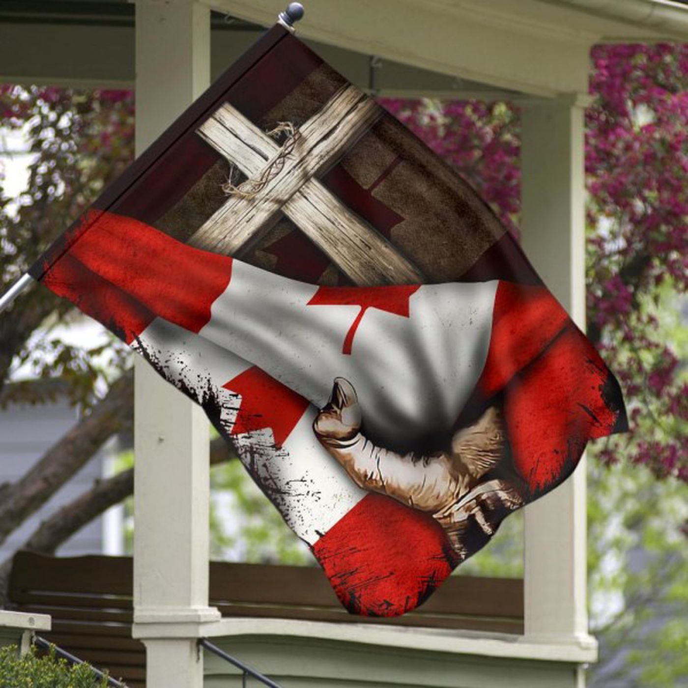 Cross Behind Canadian Flag God Jesus Christ Vintage Flag Patriotic Outdoor Decor