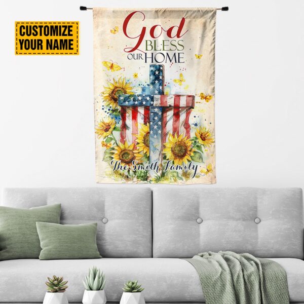 Custom Cross Sunflower Flag Yard God Bless Our Home & Jesus Lover Gift Patriotic Independence Day Flag