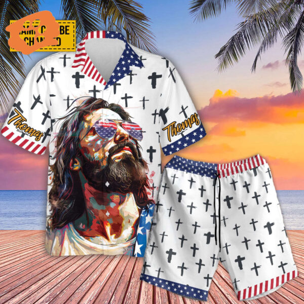 Custom Jesus Cross American Flag Hawaiian Shirt & Sunglasses Set – Perfect Independence Day Gifts for Men